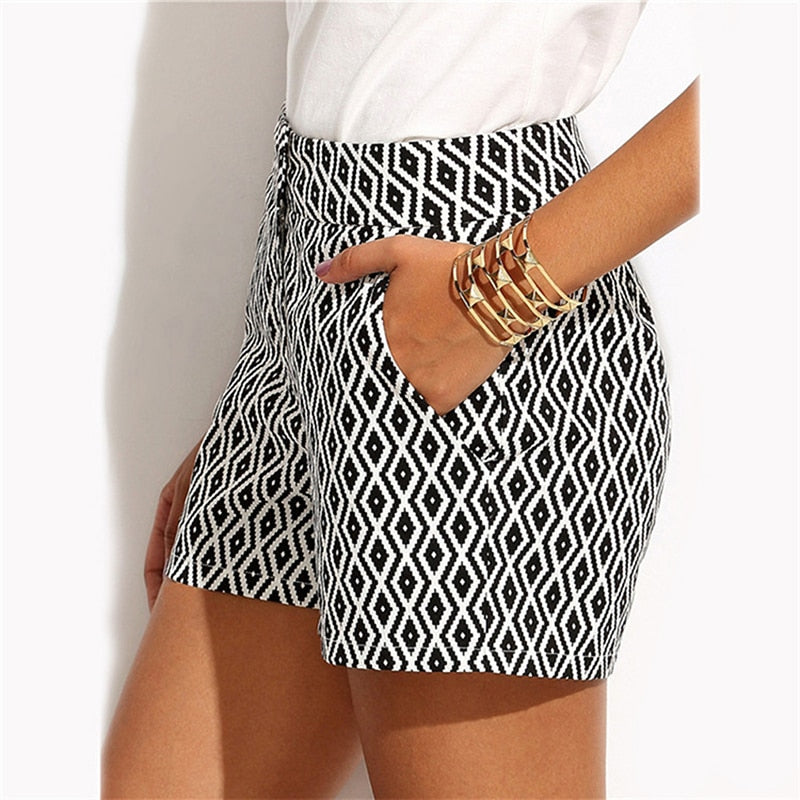 Black and White Mid Waist Casual Pocket Straight Shorts