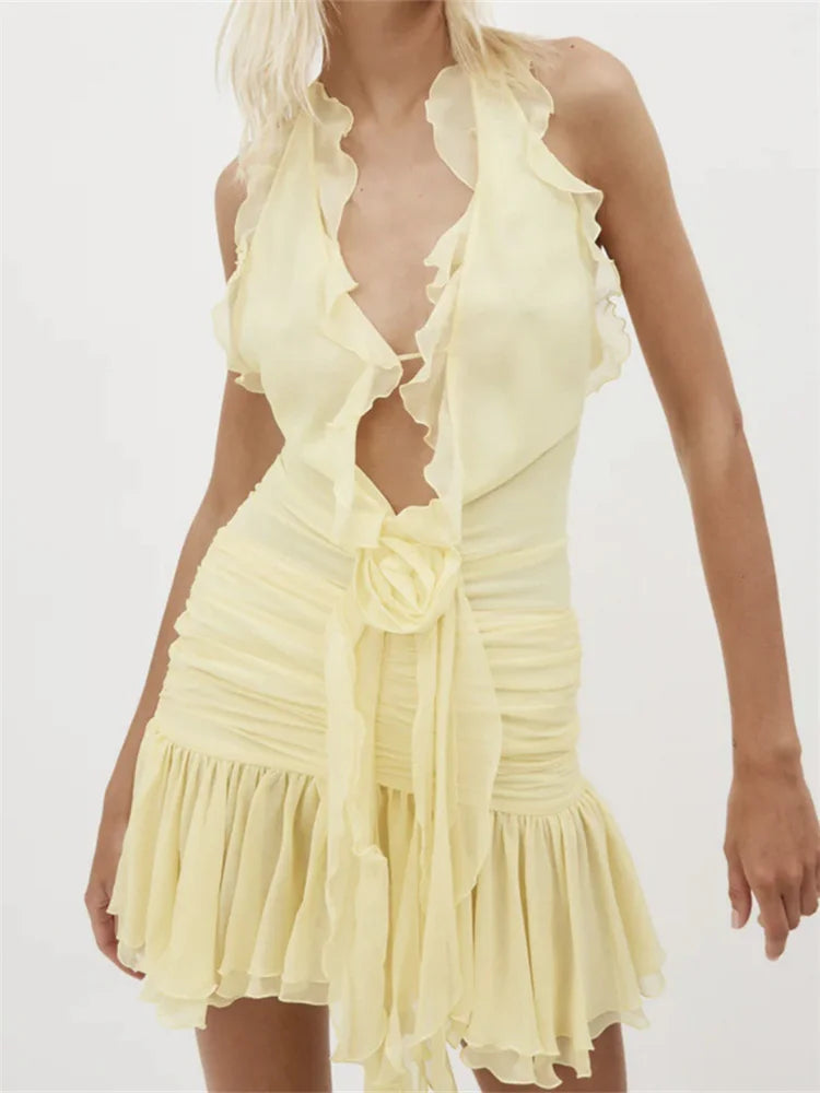FashionSierra -Halter Tie-up Backless 3D Flower Mini Dress