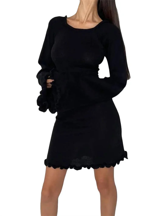 FashionSierra - Knitted Long Flare Sleeve Mini Dress