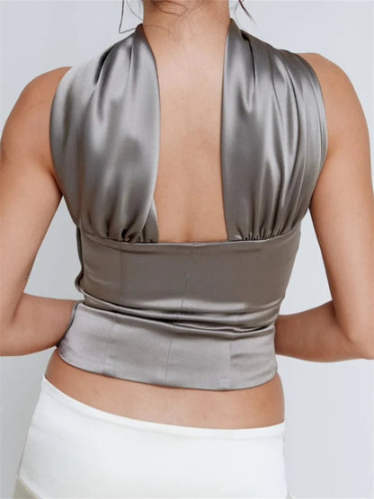 FashionSierra - 2024 Halter Tank Solid Backless Strapless Bustiers Streetwear Summer Aesthetic Grunge Mini Vest  Crop Tops