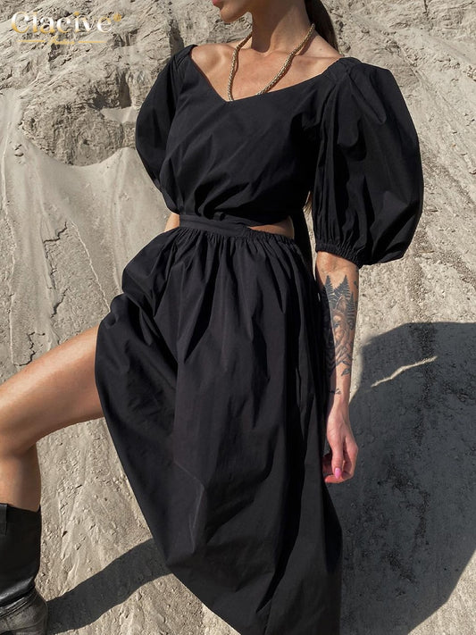 Elegant Loose High Waist Midi Dresses Sexy Hollow Out Backless Female Dress