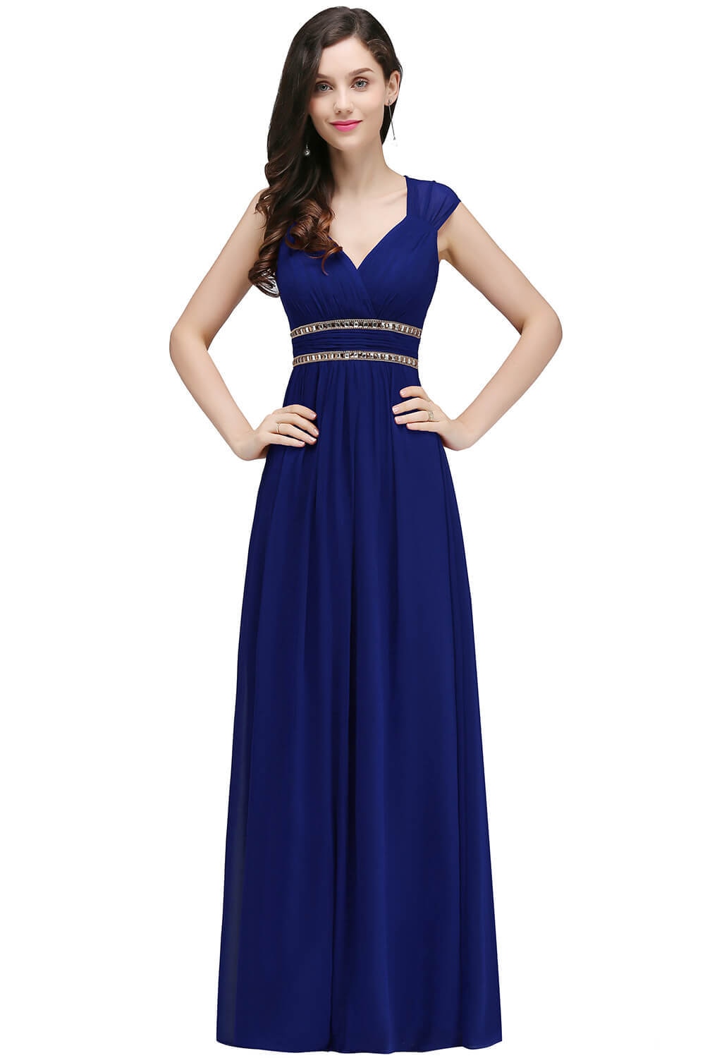 2023 Clearance SALE Scoop V-Neck Chiffon Long Blue Prom Dresses