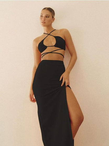 Bandage Cut Out Sexy Halter Neck Top and Skirts Set