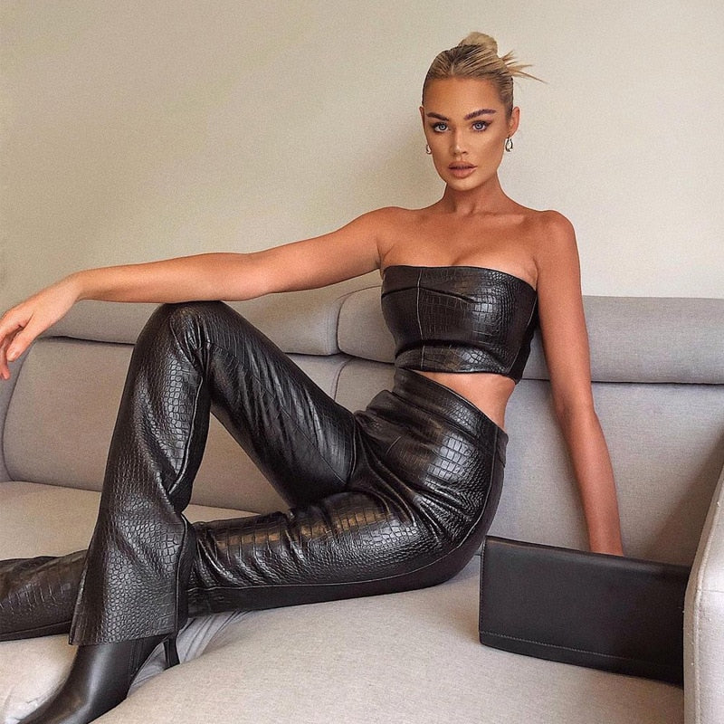 PU Leather Strapless Crop Top and Long Pants 2 Piece Set