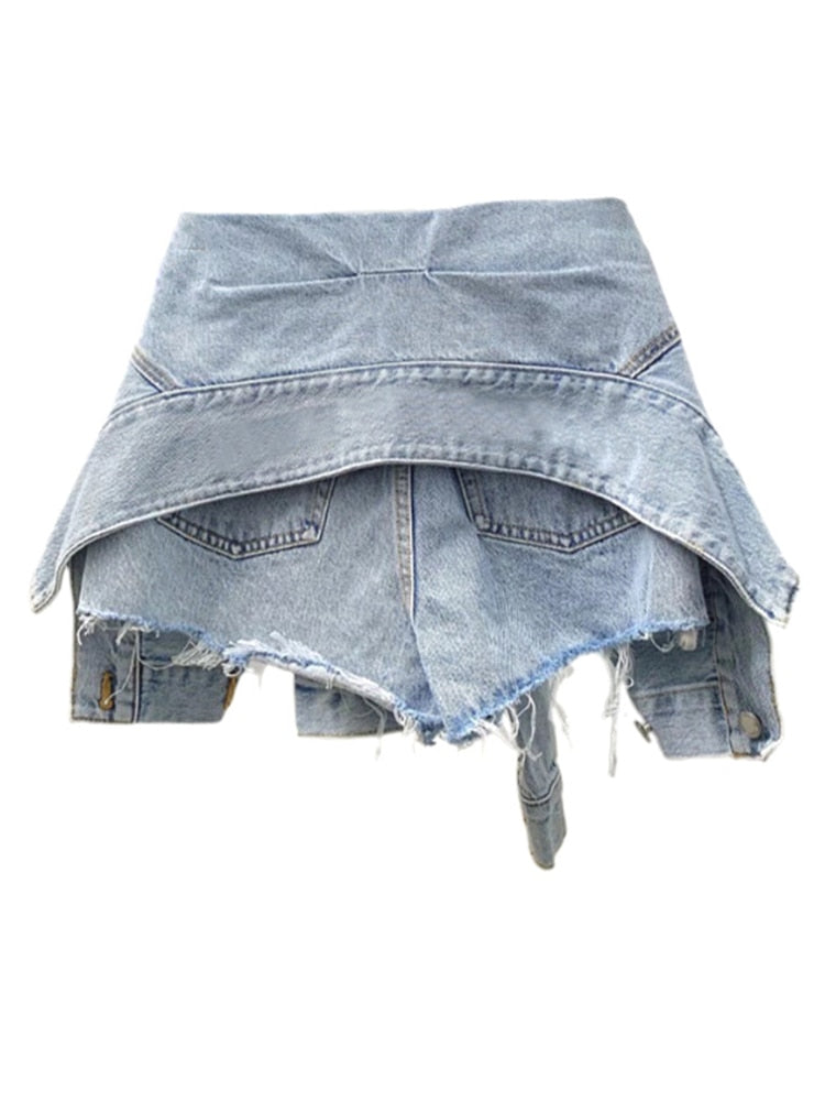 Slim Blue Patchwork Made Old Washed Fake Two-piece Denim High Waist Shorts