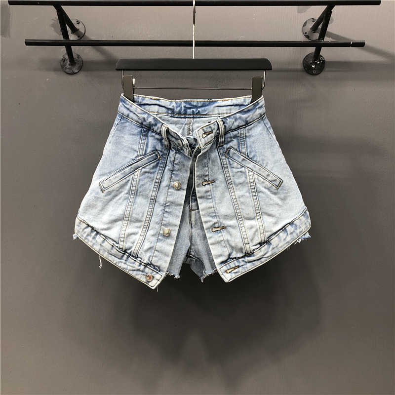 Women's Fake Two Pieces of High Waist A-line Thin Denim Shorts Street Style