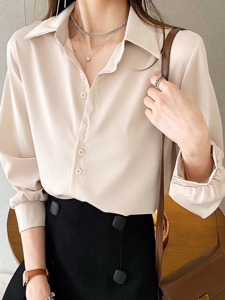 Women Chiffon Blouse Summer Thin Satin Silk Button Up Blouse Office Shirt