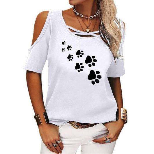 Dog Paw Short Sleeves Off Shoulder Print T Shirt