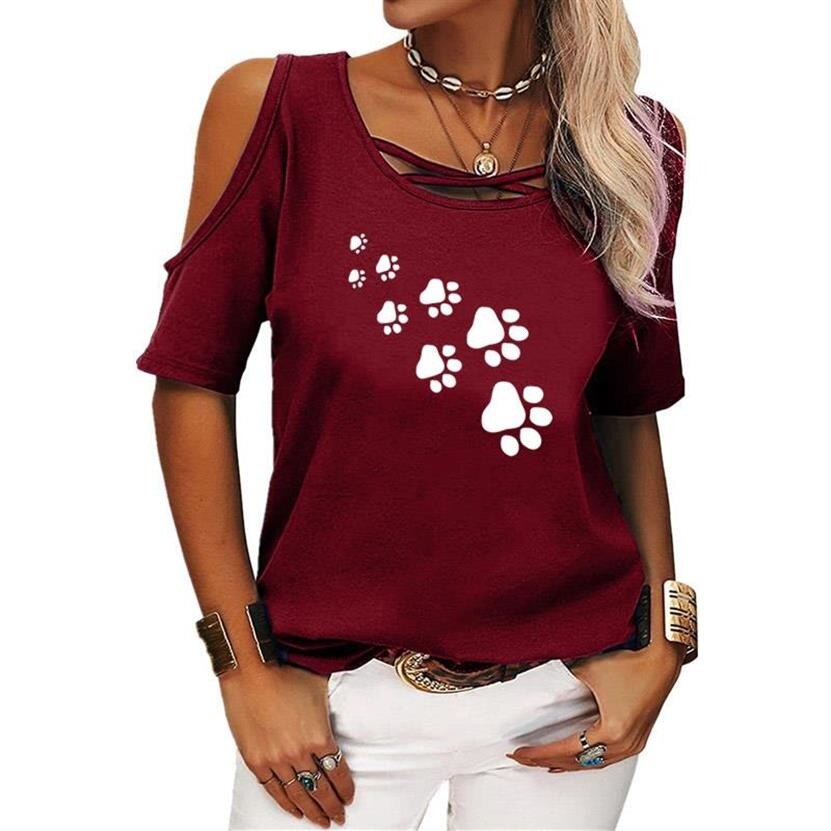 Dog Paw Short Sleeves Off Shoulder Print T Shirt