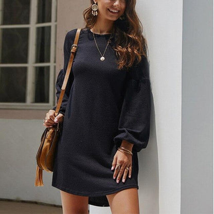 Fashion Casual Solid Color Round Neck Loose Lantern Sleeve Women Dress Casual Long Sleeve Women Dress Fall Clothing Women