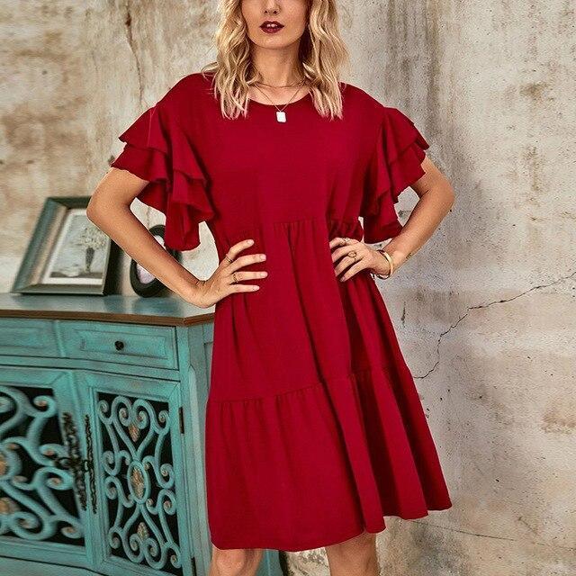 Fashion Casual Solid Color Round Neck Ruffled Butterfly Sleeve Women Dress Summer Dress Loose Mini Dress Women