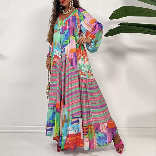 Fashion Retro Loose Boho Print Maxi Dress