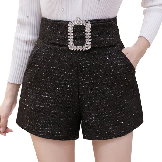 winter sequin black women‘s shorts glitter diamonds belt high waist short