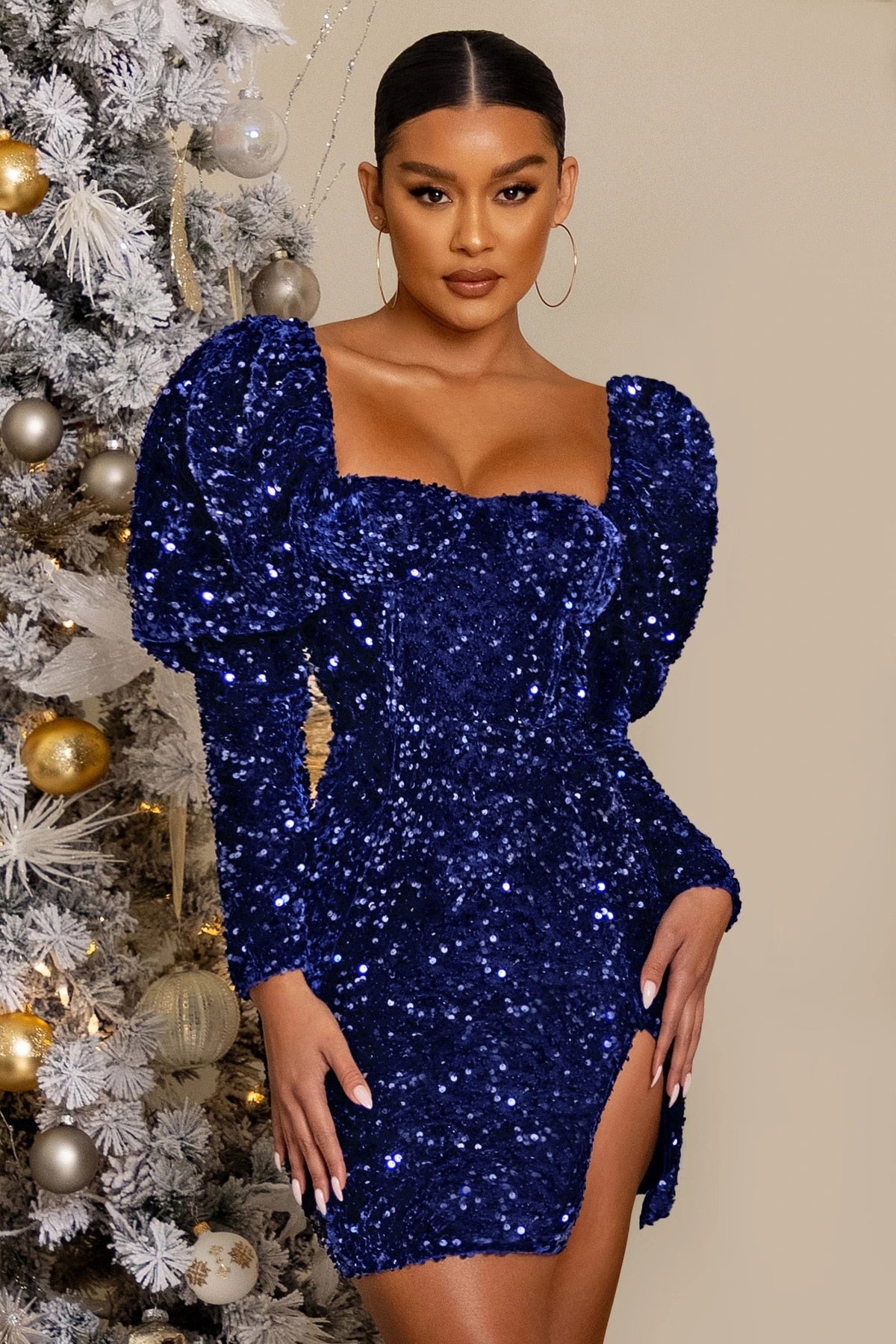 Solid Sequins Square Neck Puff Sleeve Club Mini Dress