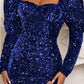 Solid Sequins Square Neck Puff Sleeve Club Mini Dress