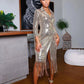 Solid Notched Tassel Sequin Decoration Knee Length Dress