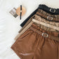 With Belt Front Pocket Fall Winter Faux Leather Wide Leg High Waist Shorts