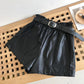 With Belt Front Pocket Fall Winter Faux Leather Wide Leg High Waist Shorts
