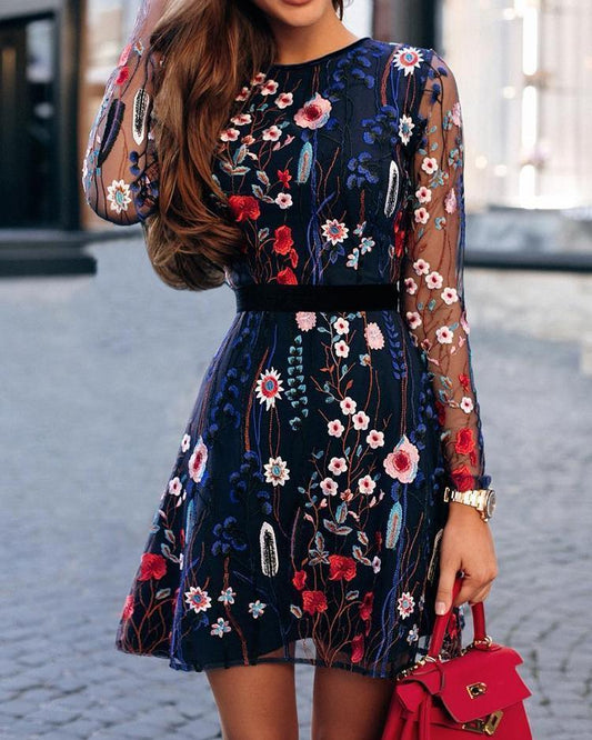 Floral Embroidery Mesh Sleeve Mini Dress