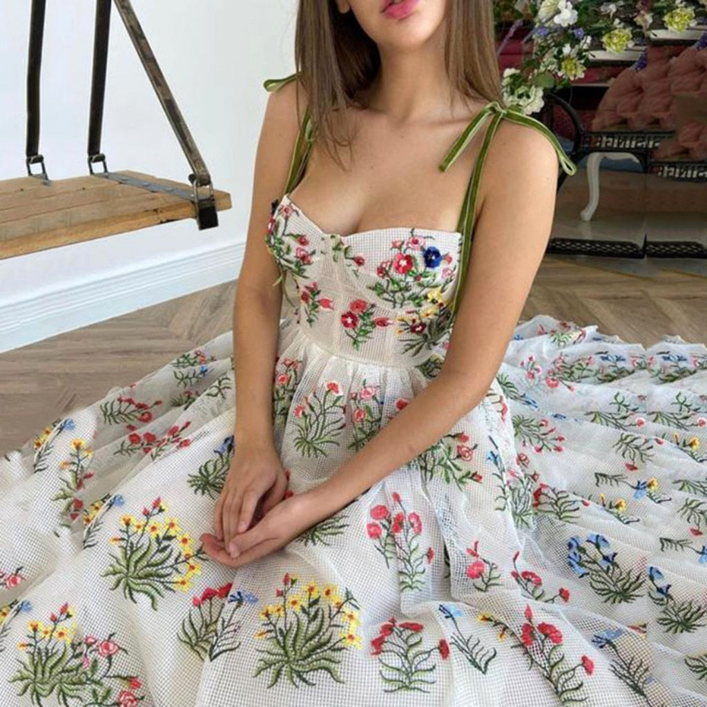 2023 Floral Lace A Line Prom Dresses