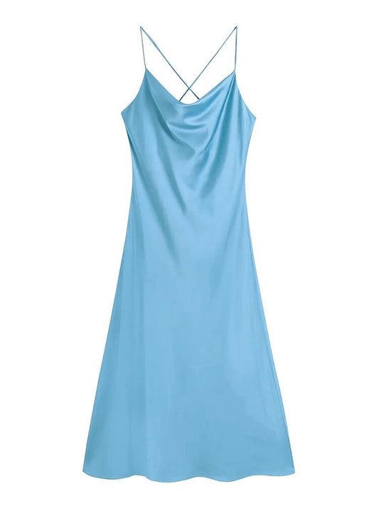 Foridol Backless Criss-cross Sexy Blue Satin Dress Silk Ladies Sleeveless Dress