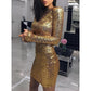 Gold Paillettenkleid Frauen Langarm schlankes, figurbetontes Kleid Nachtclub Partykleider Mode O Hals dünne Pailletten Vestidos