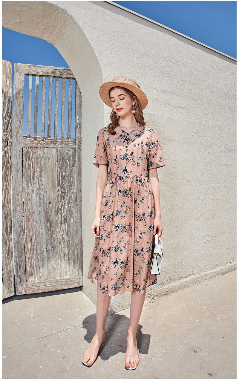 Turn Down Collar Short Sleeves Printed Ruched Fashion Casual High Street Dresses