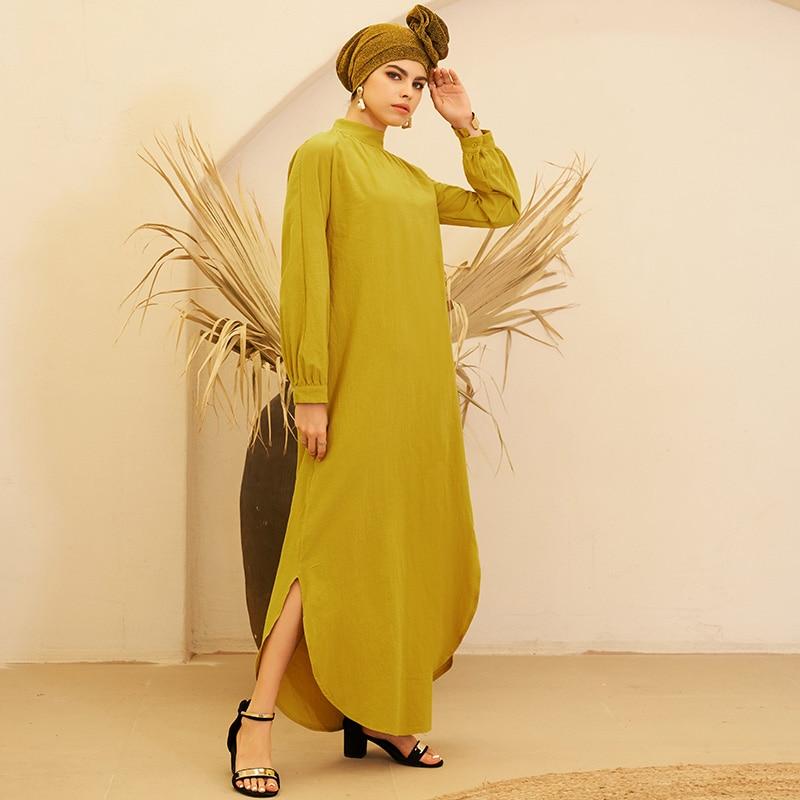 New Arrivals Summer Ladies Long-sleeved Half-high Collar Cotton And Linen Bottom Slit Solid Color Arabi Yellow Long Dress