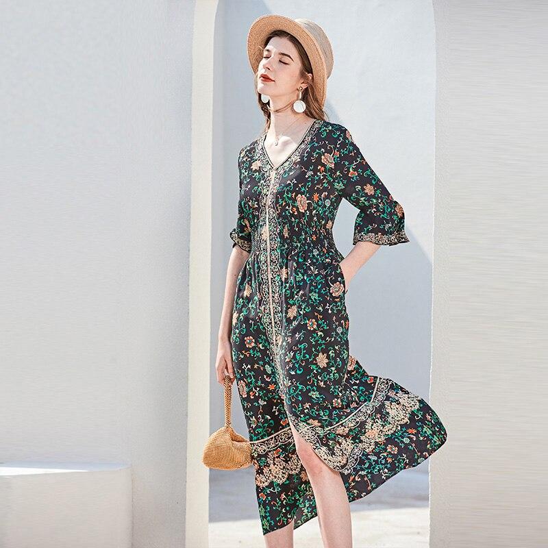 Sexy V Neck 3/4 Flare Sleeves Floral Printed Fashion Mid Summer Dresses