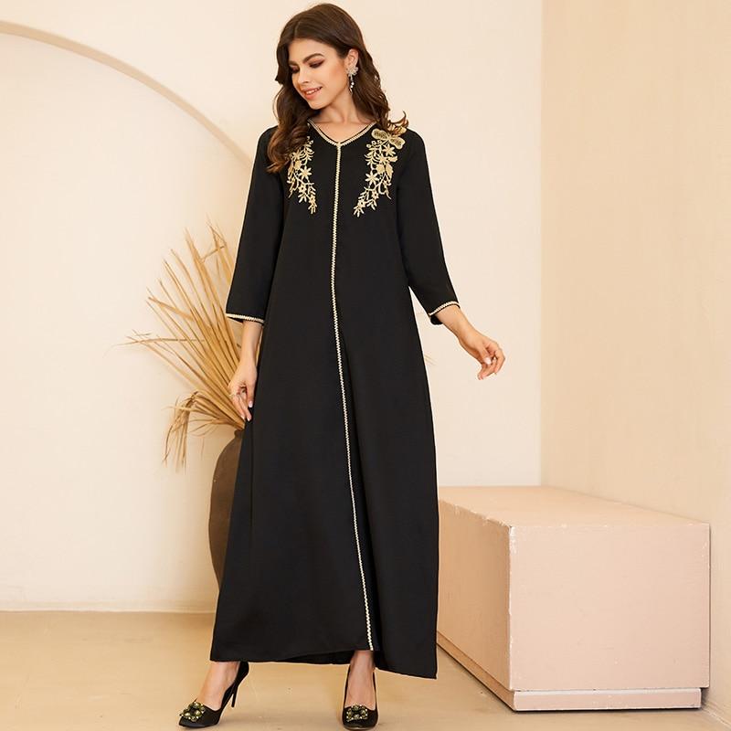 Women's Fashion Arabian Style V-neck Gold Embroidery Pair Flower Long Loose Black Long Sleeve Dresses Plus Size