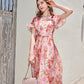 Sexy V Neck Short Flare Sleeves Printed Ruched Fashion Mid Calf Casual Dresses