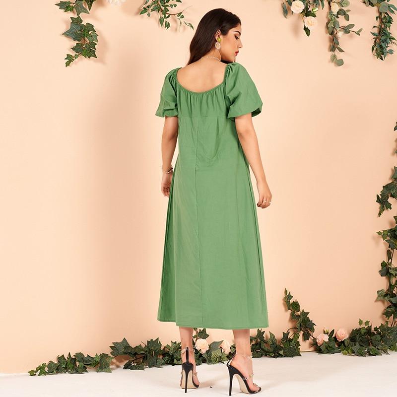 Summer Sweet Square Collar High Waist Slim Pure Green Princess Sleeve Fashionable Pure Cotton Comfortable Long Woman Dress