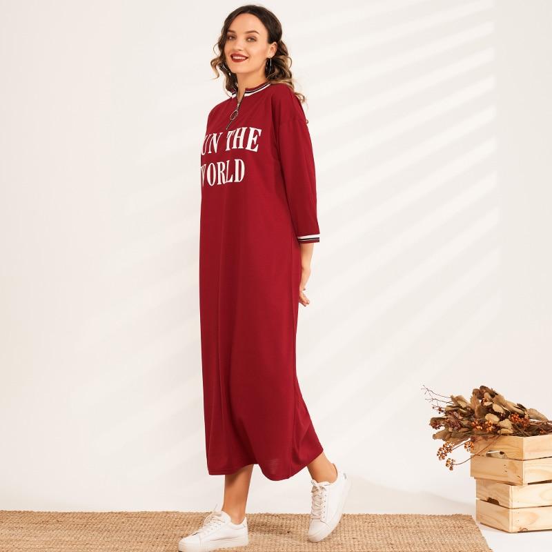 Ladies Fashion Sports Letters Printing over the Knee Red Loose Mid-length Small Stand-up Collar T-shirt Woman Dress