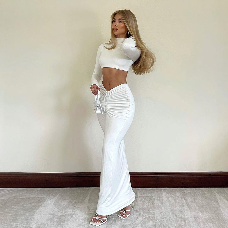 Elegant White Long Sleeve 2 Piece Set Outfit