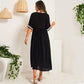 Bohemian Style Cotton And Linen Tassel Round Neck Stitching Middle Sleeve Black Long A-line Dress