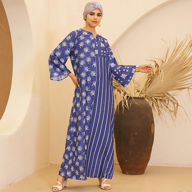 Summer New Fashion Women's Round Neck Loose Print Long-sleeved Arabian Long A-line All-match Commuter Dress (without Headscarf)