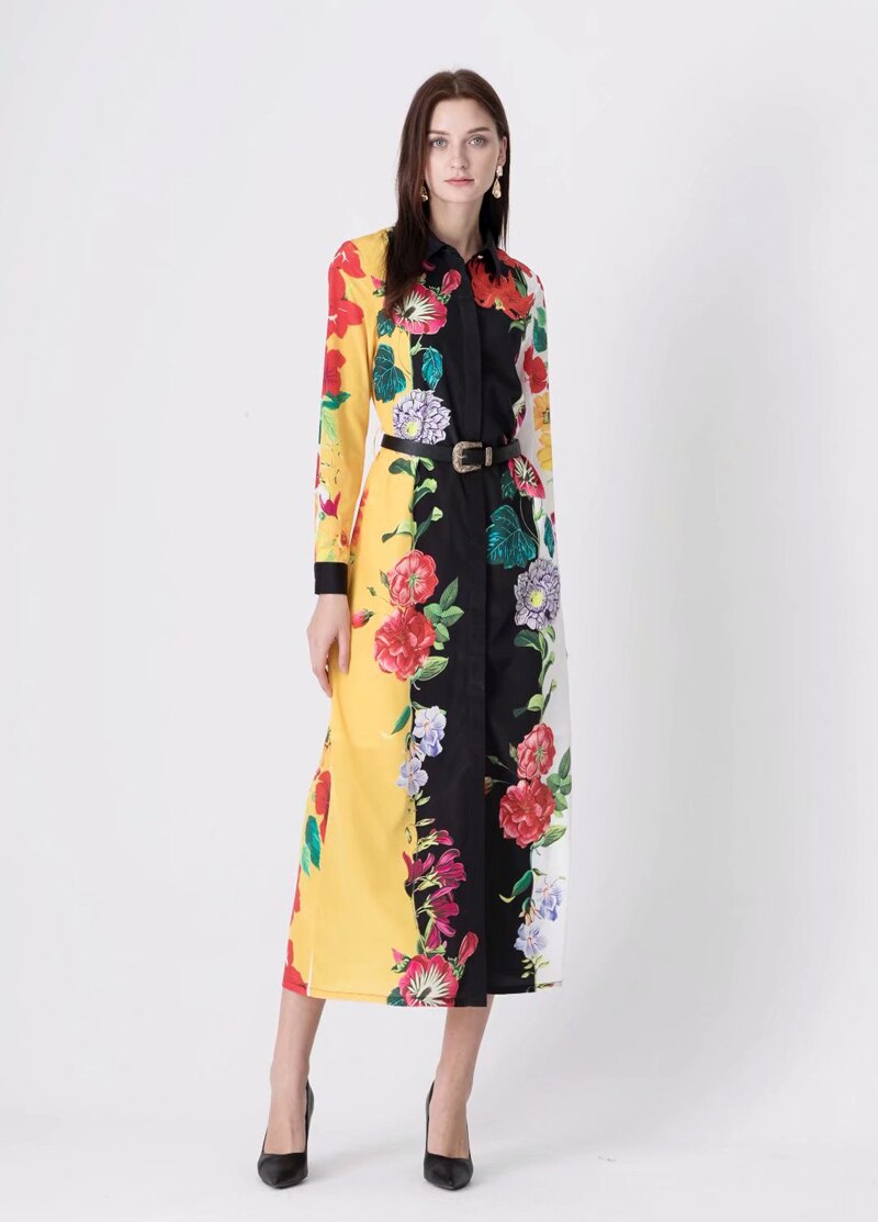 Long Sleeves Floral Printed High Street Casual Mid Calf Dress