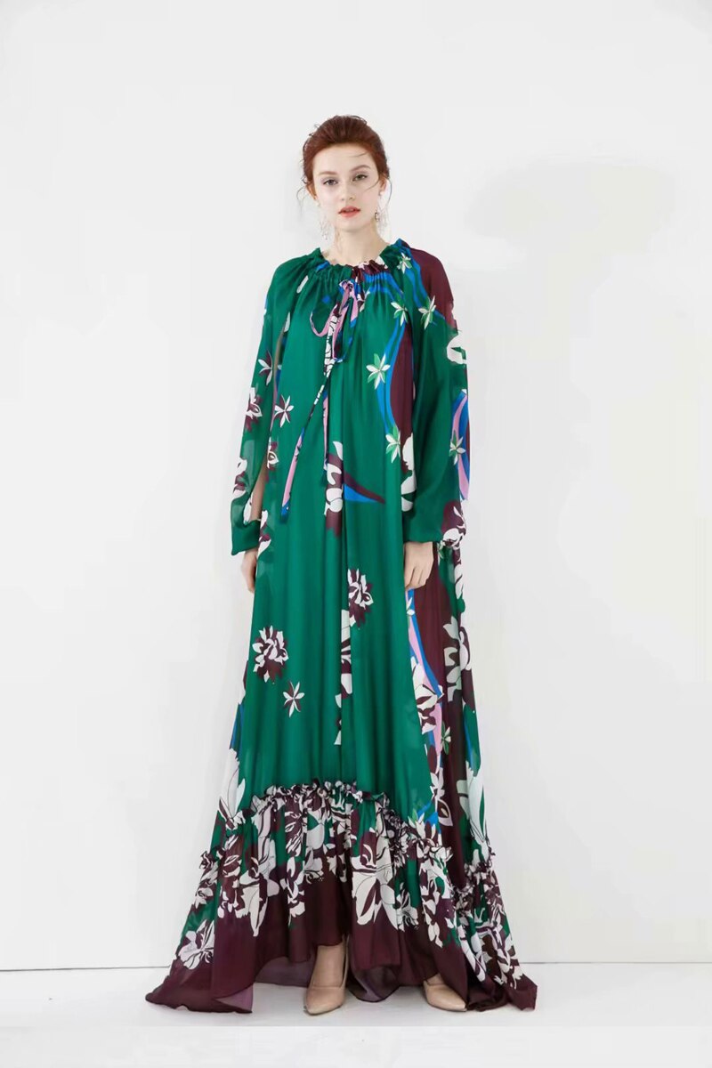 Lace Up Printed Loose Design Fashion Casual Maxi Dresses