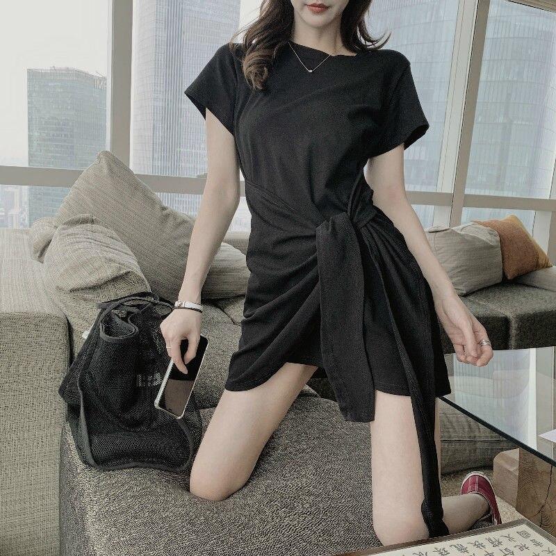 Sexy Solid Color Round Neck Cotton Belt Dress