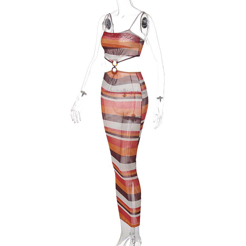 Striped Mesh Sheer Bodycon Dress