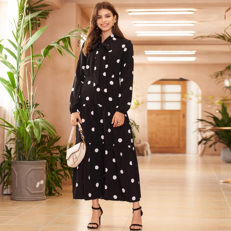 Summer New Women Long Dress Black Frilly Polka Dot Print Lapel Fashion Sweet Commuter Style Holiday Style Long-sleeved Dresses