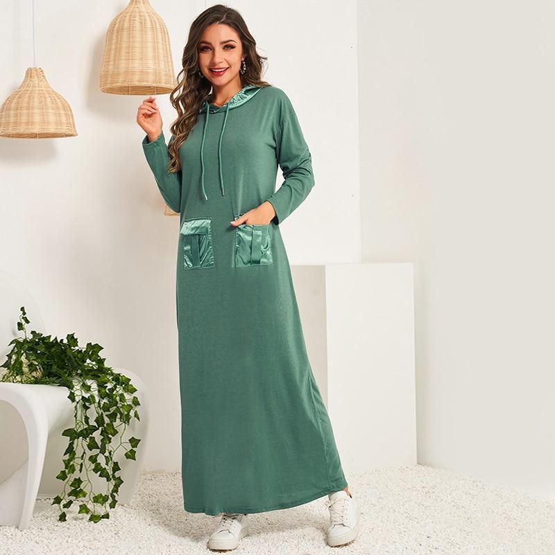 Women's College Style Loose Hooded Long-sleeved Stitching Sports Long Sweater Dress