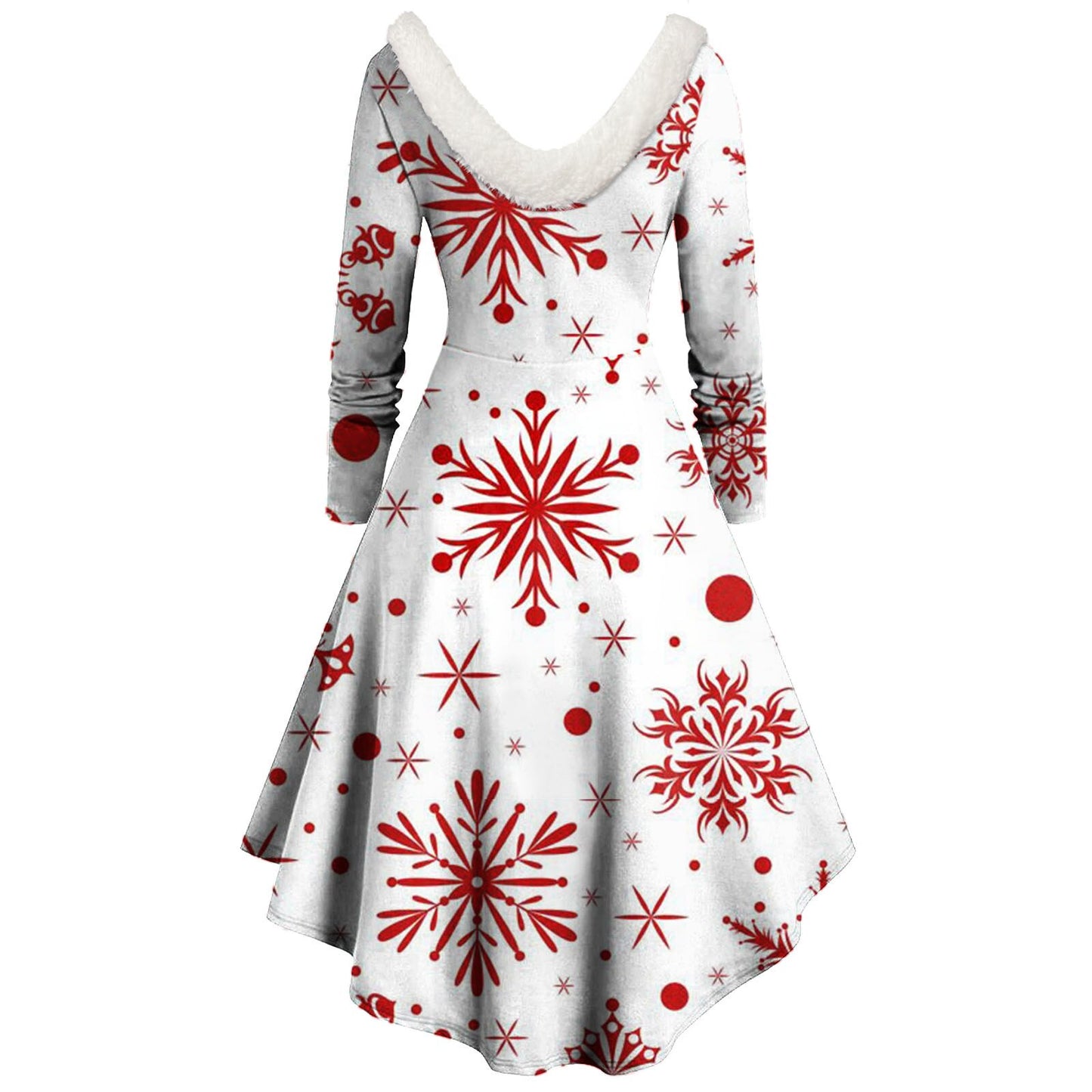 Fashion Christmas Dresses For Women Furry V Neck Swing Dress High Low Party Dress Vestidos Mujer Long Sleeve Xmas Print Dresses
