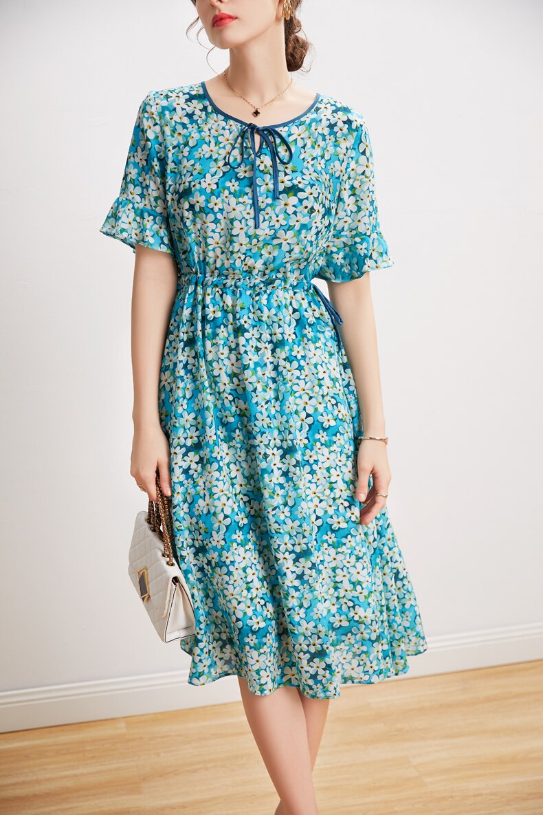 2022 O-Ausschnitt, kurze Ärmel, geschnürte Taille, floral bedrucktes, elegantes Sommerkleid