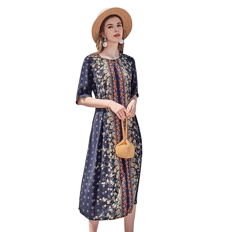O Neck Short Sleeves Printed Lace Up Fashion Casual Mid Summer Dresses