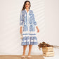 New Spring Summer Women's Fashion Sweet Blue and White Porcelain Printing Mid-length V-neck Shirt Vacation All-match Dress