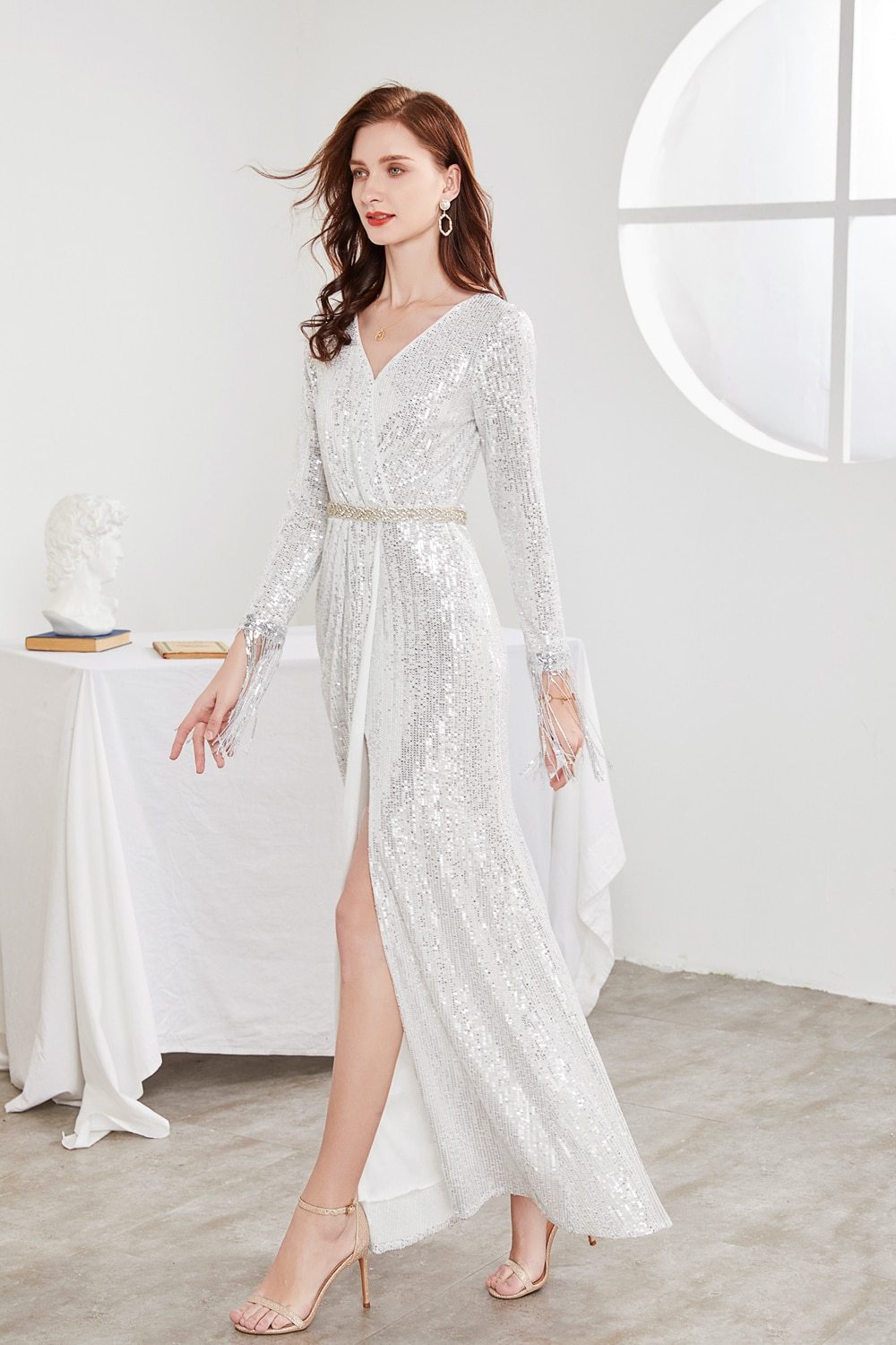 Sexy V Neck Long Sleeves Sequined Tassels Elegant Maxi Party Prom Dress