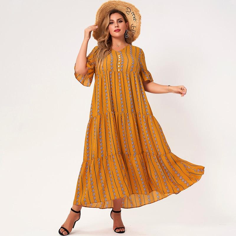 Plus Size Yellow Geometry V-neck Half Flared Sleeves Button A-line Loose Bohemian Style Maxi Dresses