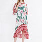 O Neck 3/4 Flare Sleeves Floral Printed Loose Hi Low Fashion Dresses