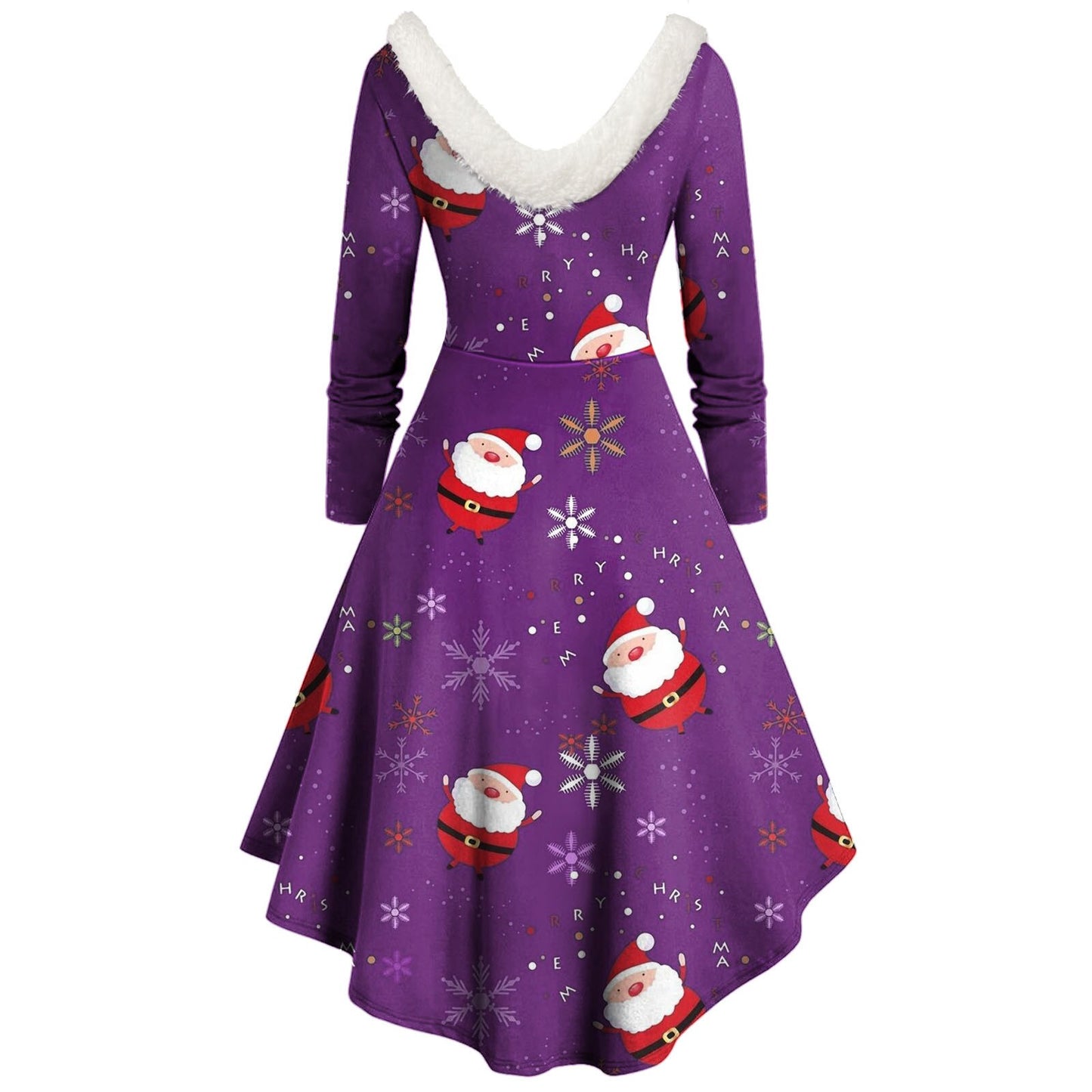 Elegant Xmas Dresses For Women Furry V Neck Swing Dress High Low Party Dress Long Sleeve Christmas Print Dresses Vestidos Mujer